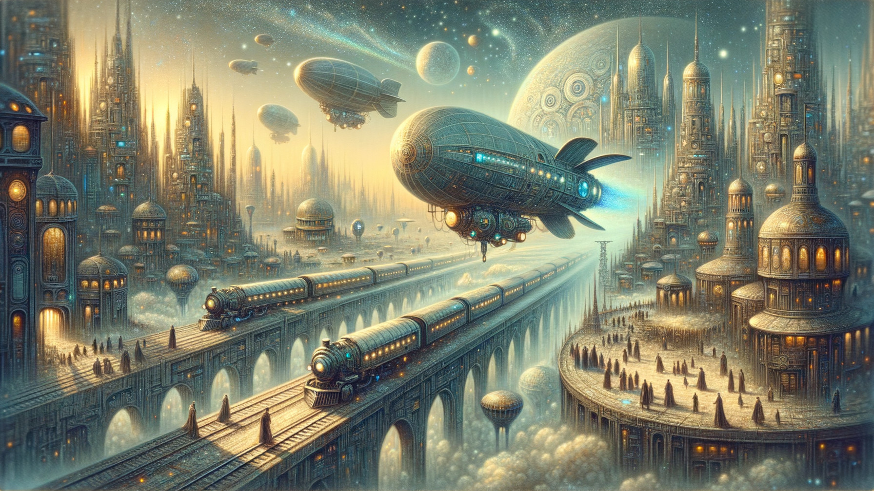 Futuristic Golden Cityscape with Airships and Trains