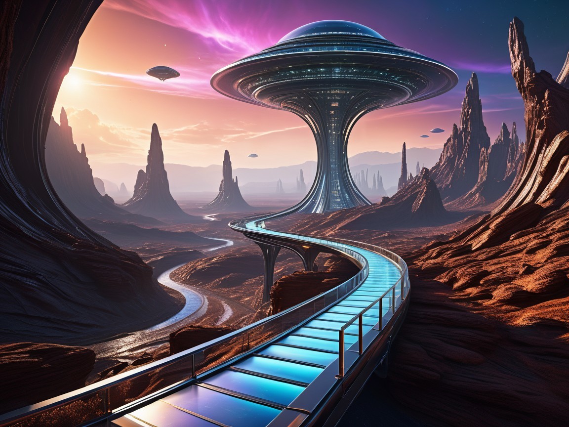 Futuristic landscape with elevated pathway and spacecraft