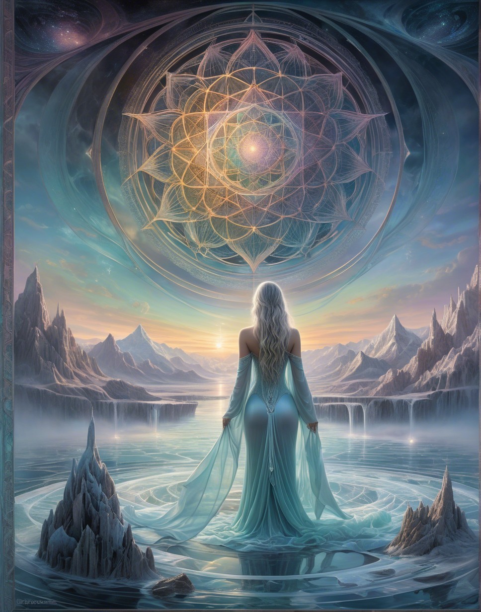 Serene Figure by Tranquil Lake with Mandala Pattern