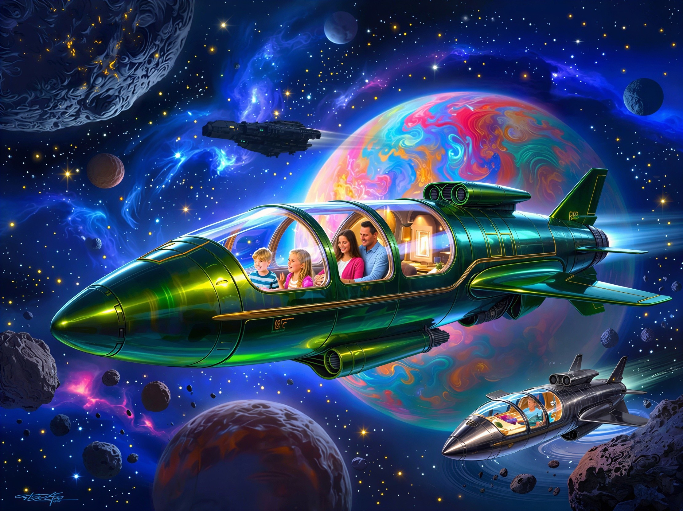 Futuristic Green Spaceship Family in Cosmic Landscape