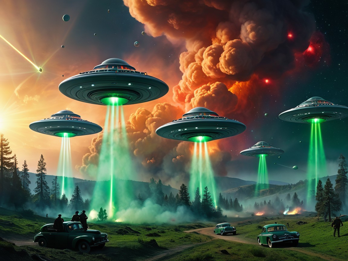 Flying Saucers and Cosmic Landscape Over Forest