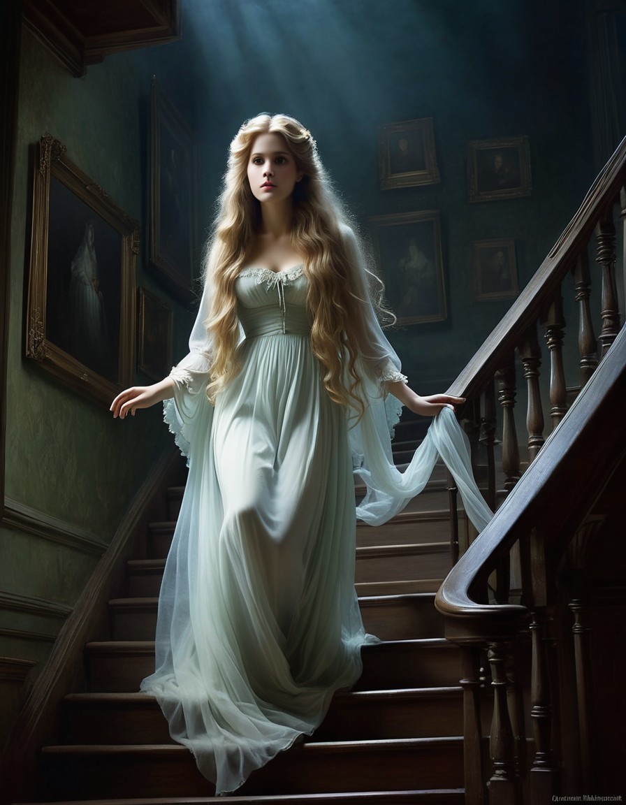 Mysterious Woman in Ethereal Gown on Grand Staircase