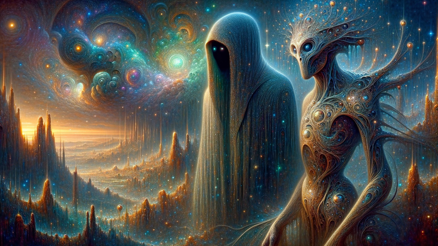 Cosmic Scene with Hooded Figure and Otherworldly Creature