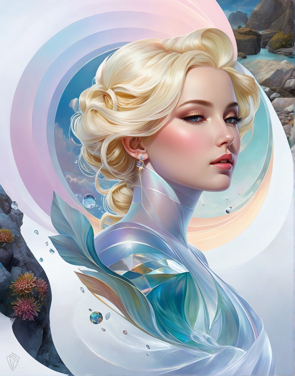 Ethereal figure with flowing hair and iridescent garment