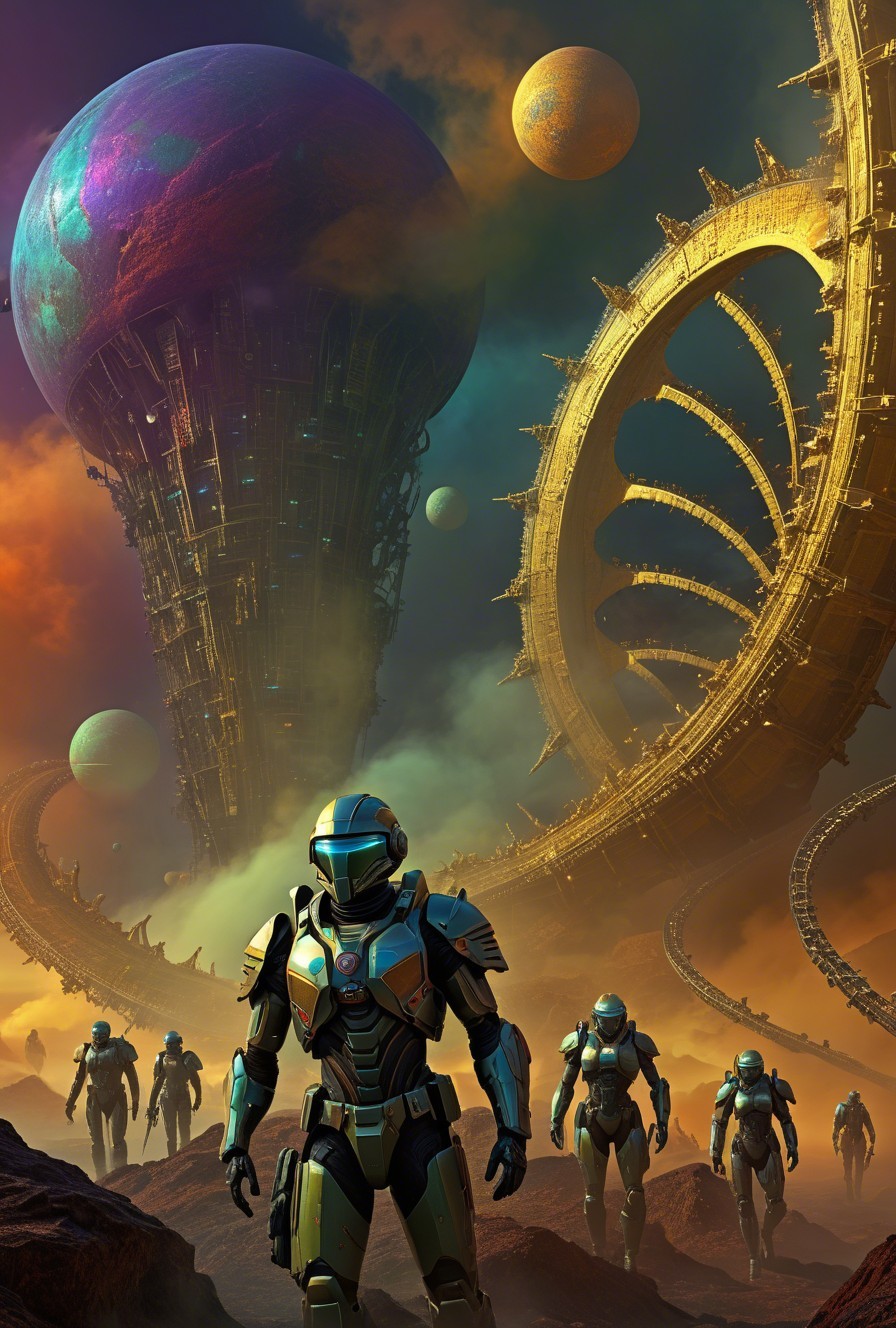 Futuristic Landscape with Humanoid Figures and Space Station