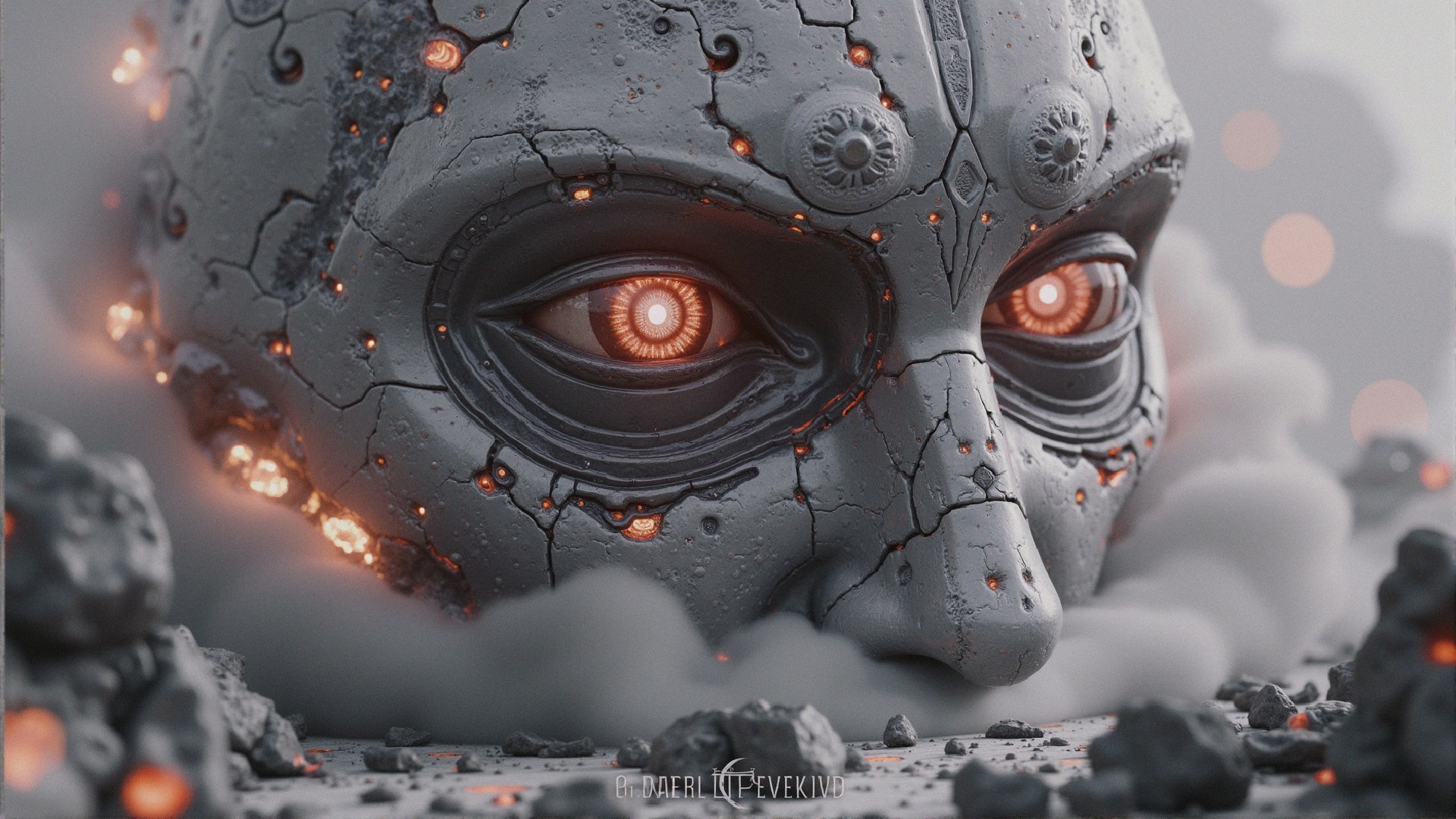 Futuristic robotic face in mist with glowing eyes