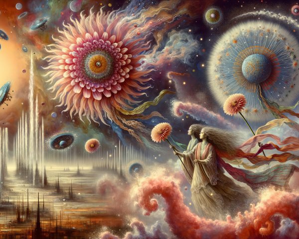 Surreal Cosmic Landscape with Ethereal Figure and Orbs