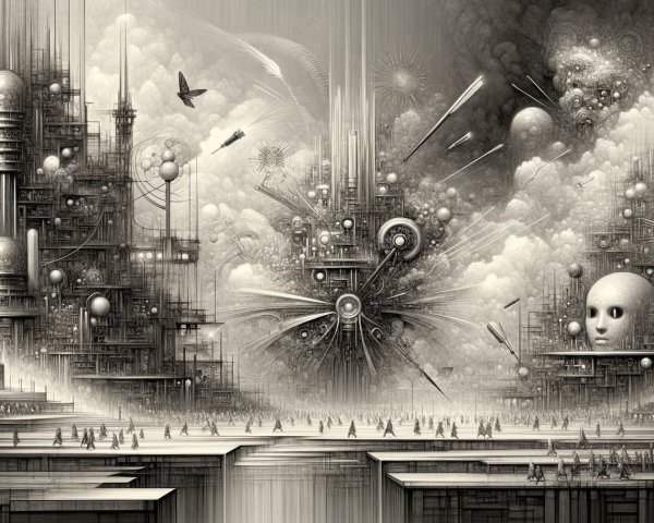 Surreal Monochromatic Landscape with Futuristic Structures