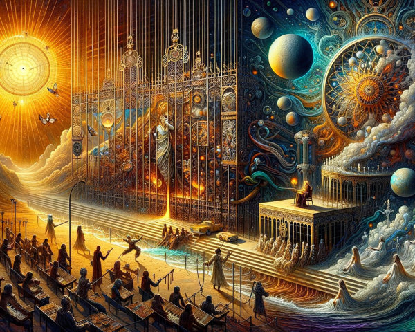 Split Scene of Earthly Landscape and Cosmic Realm