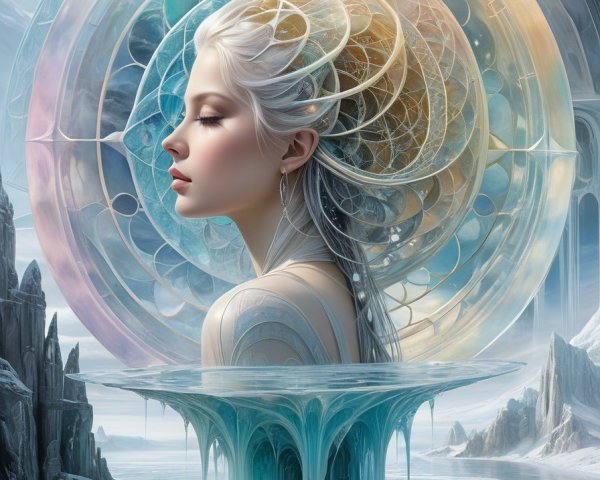 Ethereal figure in icy landscape with pastel colors