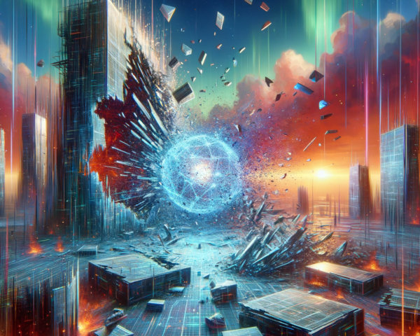 Futuristic cityscape with explosion and glowing core
