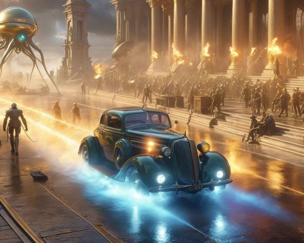 Vintage Car with Blue Trail in Ancient Cityscape