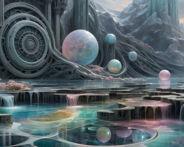 Surreal Landscape with Futuristic Architecture and Orbs