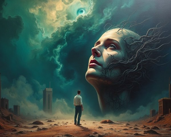 Surreal Landscape with Ethereal Face and Crumbling Structures