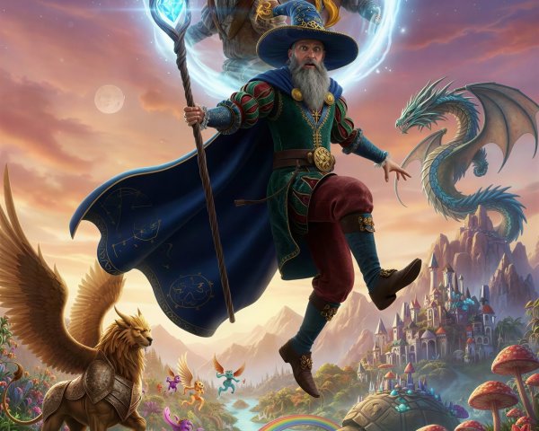 Fantasy Illustration of Wizards and a Griffin in Landscape