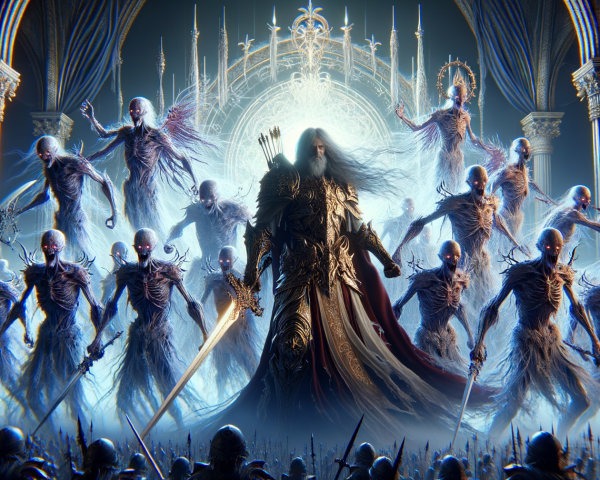 Dark Cloaked Figure Surrounded by Skeletal Warriors