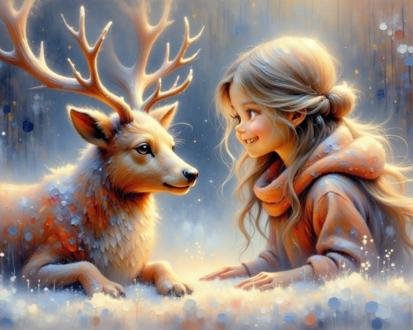 Young girl interacting with a magical deer in art