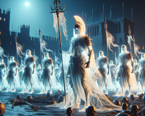 Translucent Skeletal Warriors Marching in Moonlight