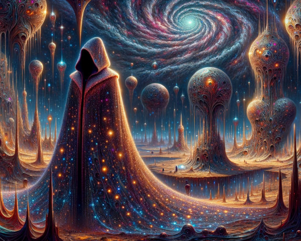 Mysterious Figure in Cosmic Landscape with Vibrant Hues
