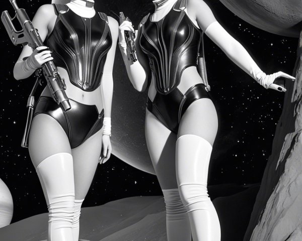 Futuristic Women in Space Suits on Lunar Surface