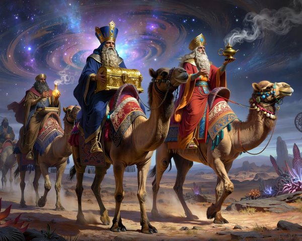 Three Wise Men on Camels in a Fantasy Desert Scene