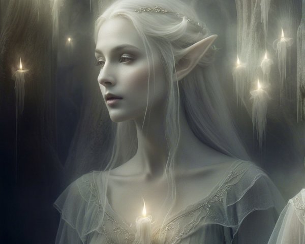 Serene Elf in Ethereal Gown in Enchanted Forest