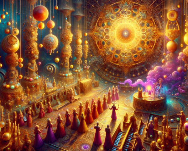Fantastical Gathering in a Magical Hall of Light