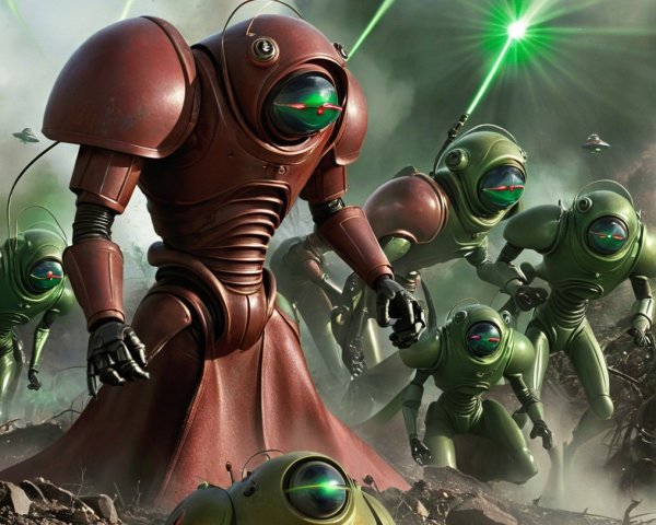 Futuristic Robots in Action Amidst Tumultuous Landscape