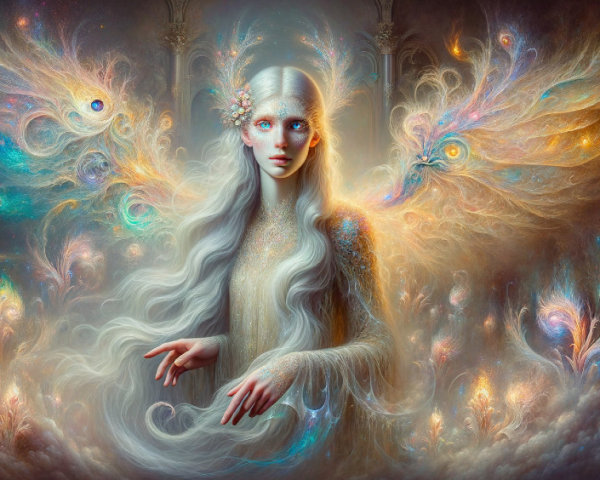 Ethereal figure with silver hair and luminescent patterns