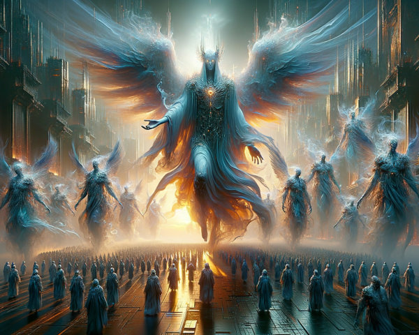 Majestic Angelic Figures in Ethereal Gathering Scene