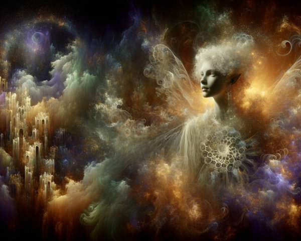 Surreal Scene with Ethereal Figure and Vibrant Clouds