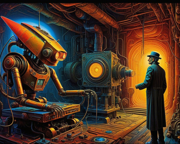 Steampunk Workshop with Humanoid Robot and Machinery