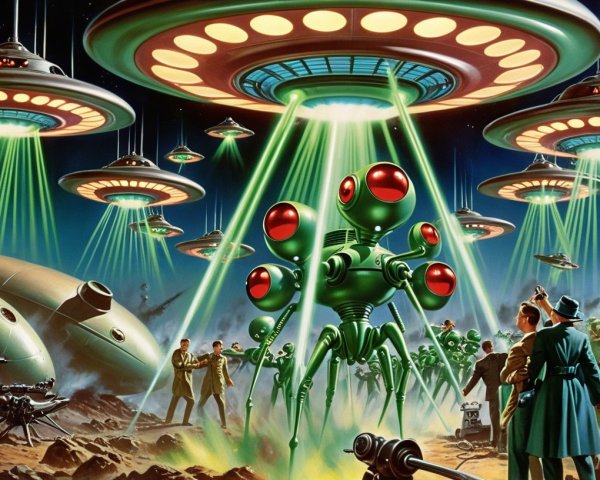 Flying saucers and alien encounter in barren landscape