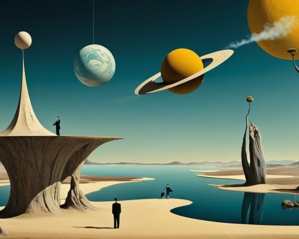 Surreal Landscape with Rock Formations and Mirrored Lake