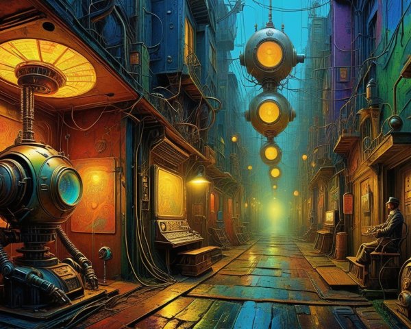 Narrow Alley with Colorful Walls and Vintage Lanterns