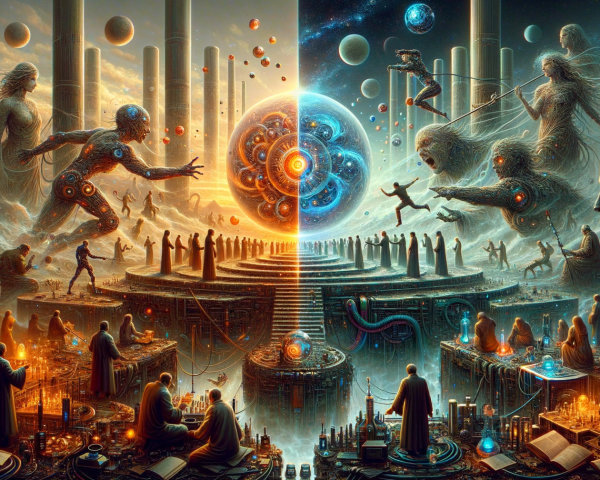 Split-Scene Artwork of Creation and Exploration Realms