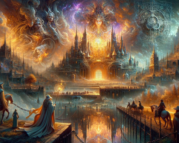 Majestic castle with vibrant sky and mystical symbols