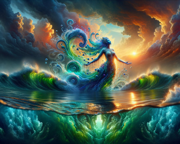Majestic Oceanic Figure with Vibrant Colors and Clouds