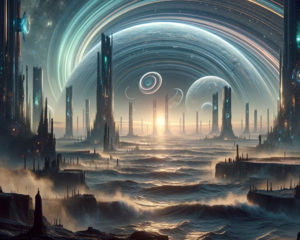 Surreal Cosmic Landscape with Towering Spires and Planets