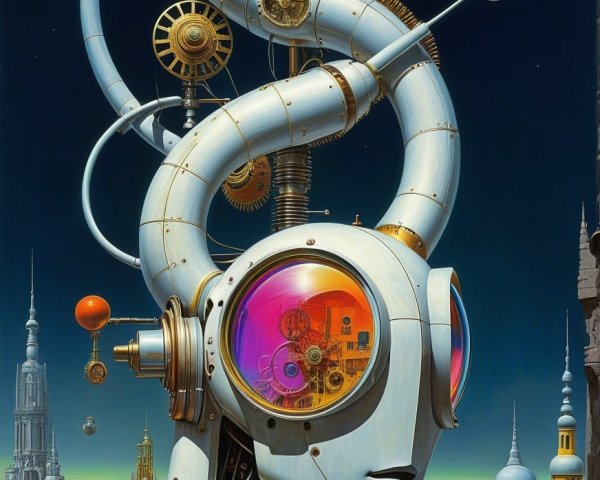 Futuristic Robot in Imaginative Cityscape at Night