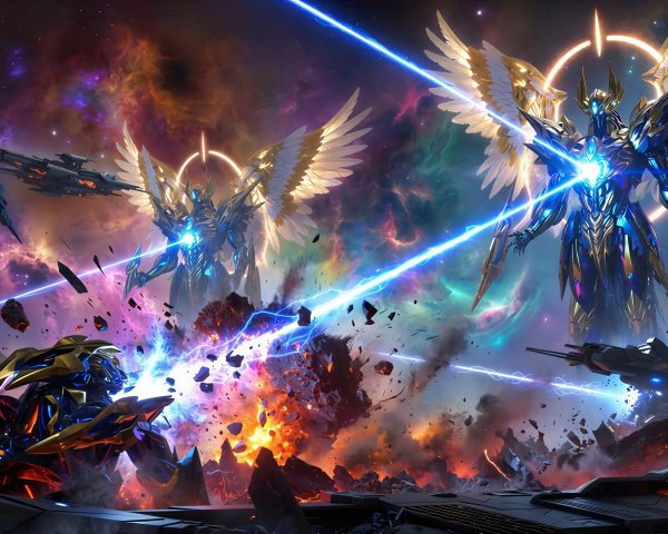 Cosmic Battle of Winged Mechs and Explosions
