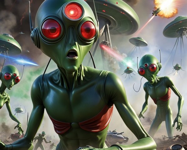 Alien Beings in Chaotic Battlefield Scene with Sci-Fi Elements