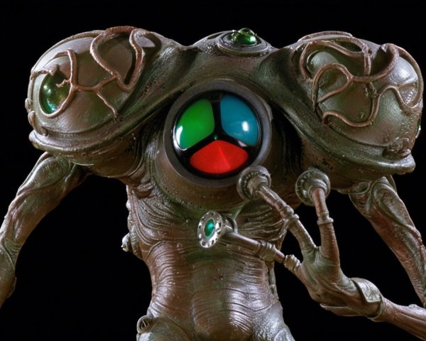 Fantastical alien creature with bulbous head and gems