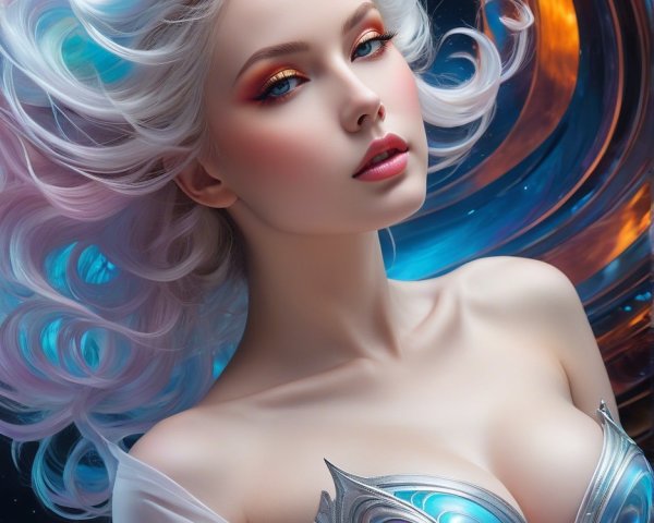 Female with Pastel Curly Hair and Iridescent Corset