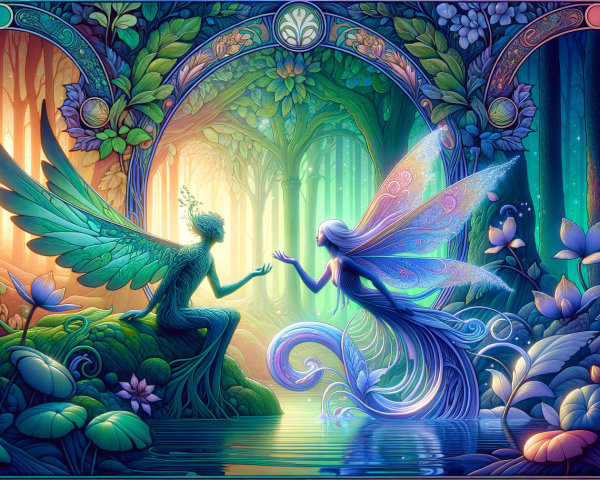 Ethereal Forest Scene with Wings and Mystical Light
