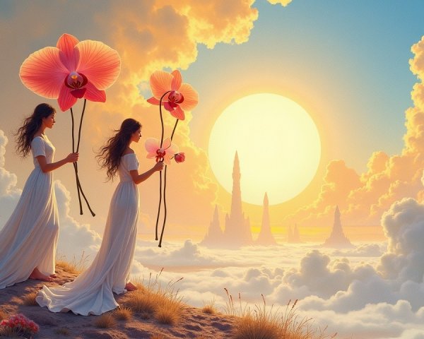 Surreal Landscape with Ethereal Figures and Orchids