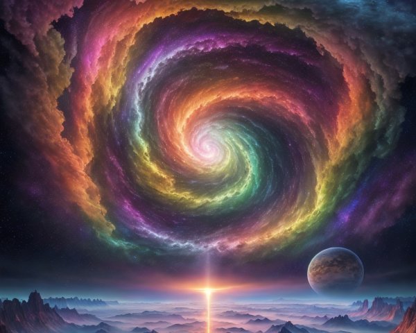 Vibrant Galaxy with Cross and Distant Planet Scene