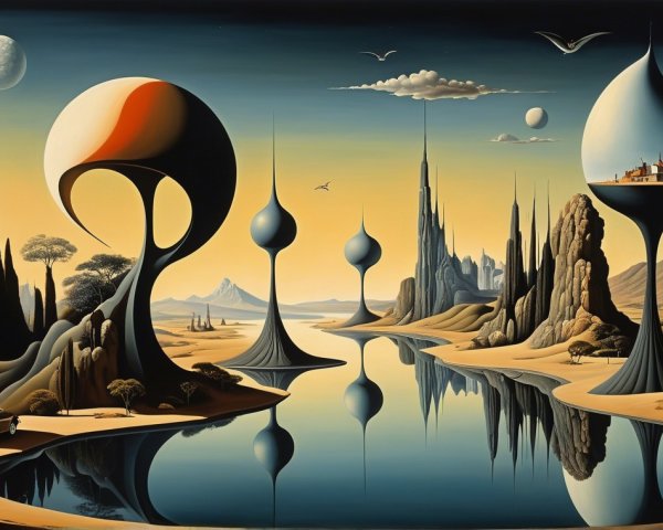 Surreal Landscape with Mushroom Sculptures and River