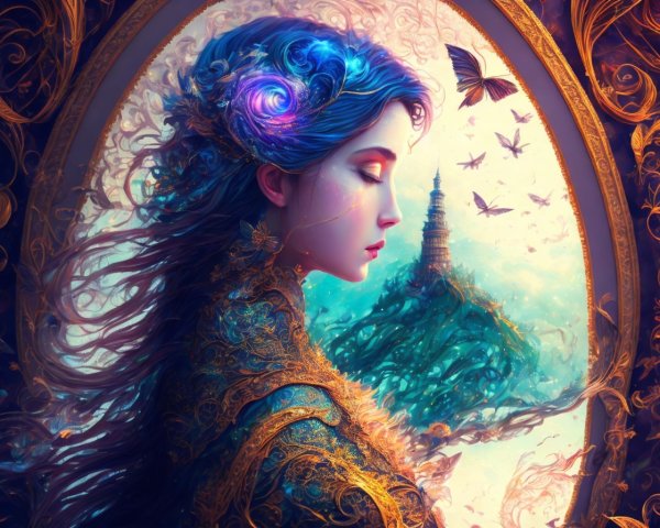 Serene Woman with Cosmic Elements and Mystical Tower