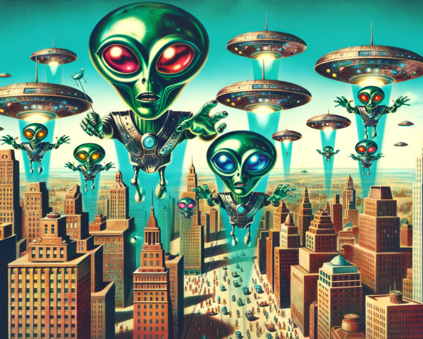 Futuristic Cityscape with Aliens and Flying Saucers